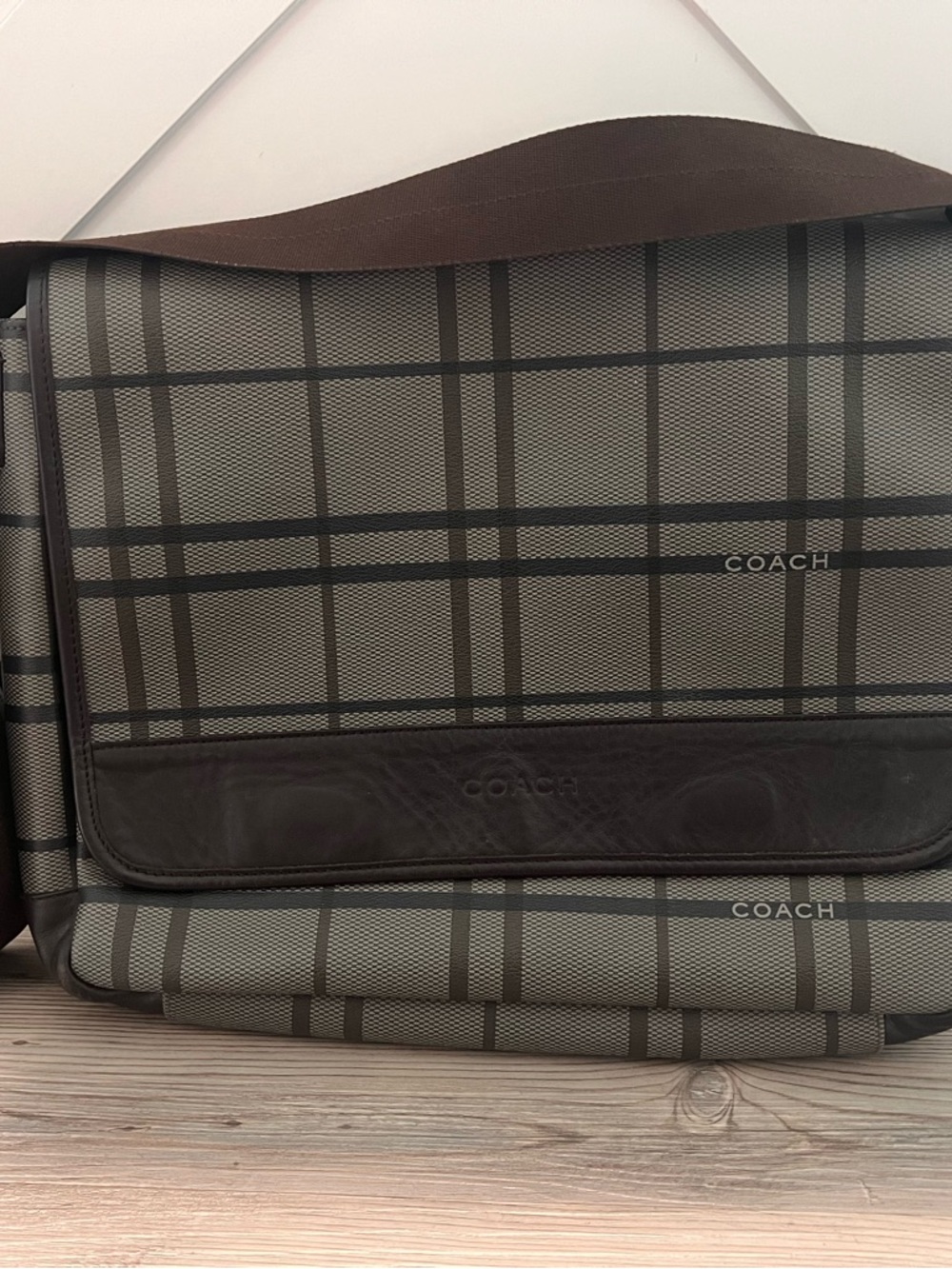 Coach Tattersall Men’s  Plaid Messenger Shoulder Bag Gray & Brown  H1260-F70750